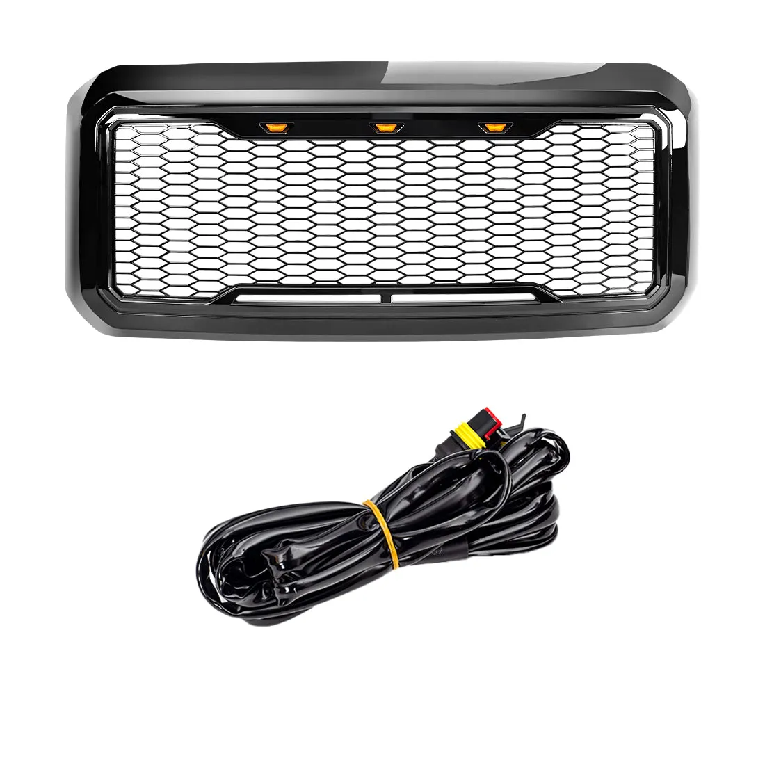 Raptor Style Mesh Grille W/ Amber Lights - Glossy Black For 2011-2016 Ford F250/ 350/ 450/ 550 Super Duty | In Stock On Apr 30 product image