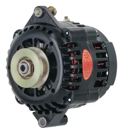Power Master Racing Alternator; GM AD230; 165 Amp; 1 Groove V Type Pulley; 6.61 in. Straight Mount; Side Battery Post; Black Finish;