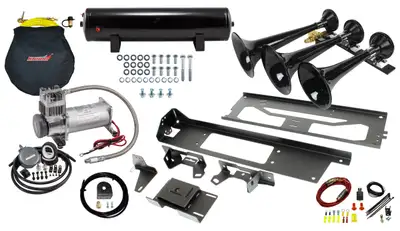 Kleinn Automotive Accessories Onboard Air System w/Horns; Includes Triple Black Horns PN[230]/ 150 PSI Air Compressor PN[6450RC]/ 3.0 Gallon Air Tank PN[6350RT];
