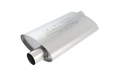Borla Borla Pro XS Muffler OffsetOffset Oval Body 2.5 in. Inlet 2.5 in. Outlet 14 in. x 4 in. x 9.5 in. Body Size 19 in. Overall Length Unnotched T304 Stainless Steel