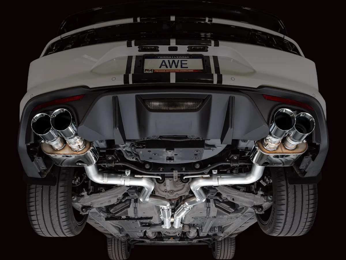 AWE Touring Edition Cat-back Exhaust for the '18-'23 S550 Mustang GT - Quad Chrome Silver Tips product image