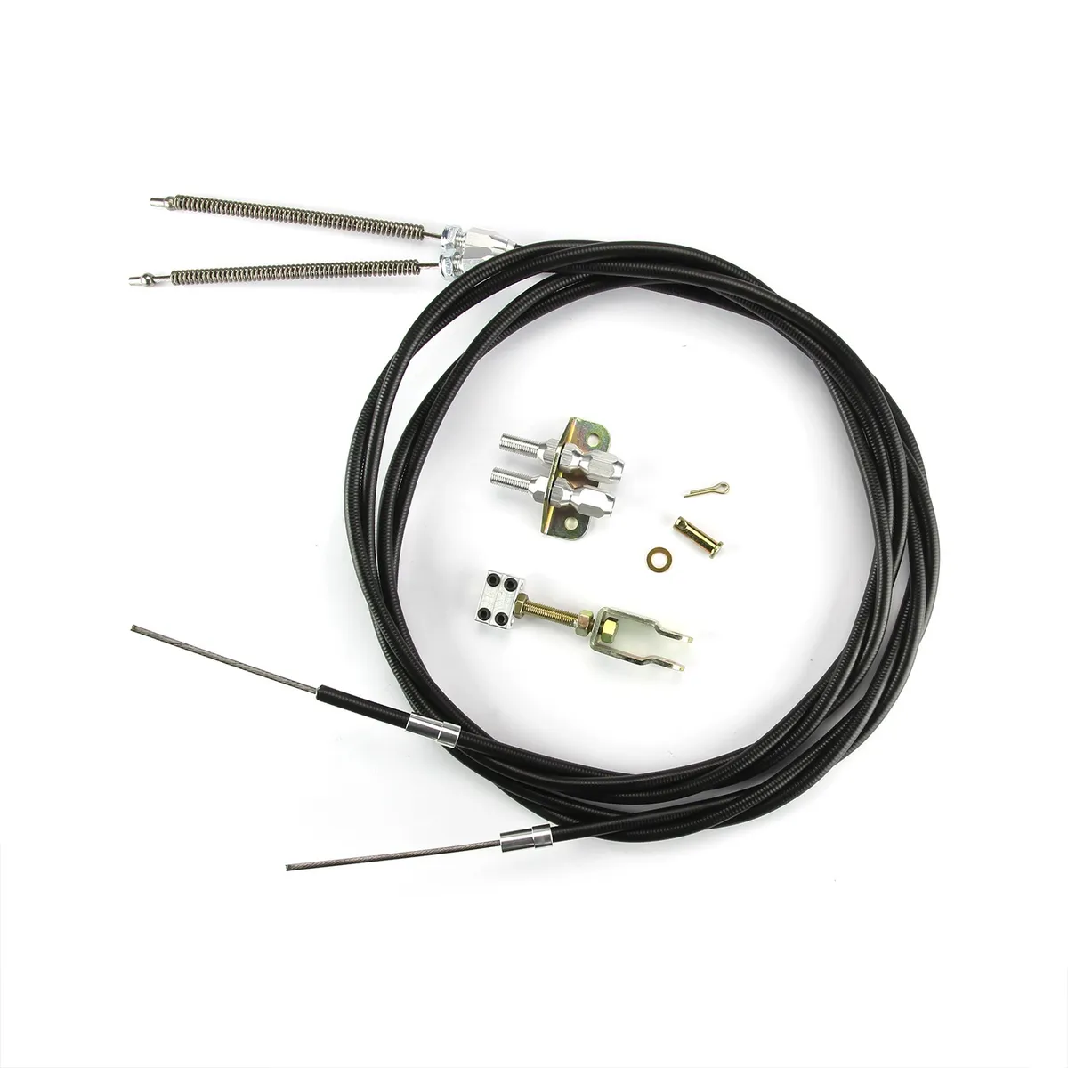 Emergency Brake Cables; Universal; Incl. Two U-Cut-To-Fit 8 ft. Outer Housings/Mounting Bracket/Adjusters/Aluminum Fittings/Ferrule; Black Housing; product image