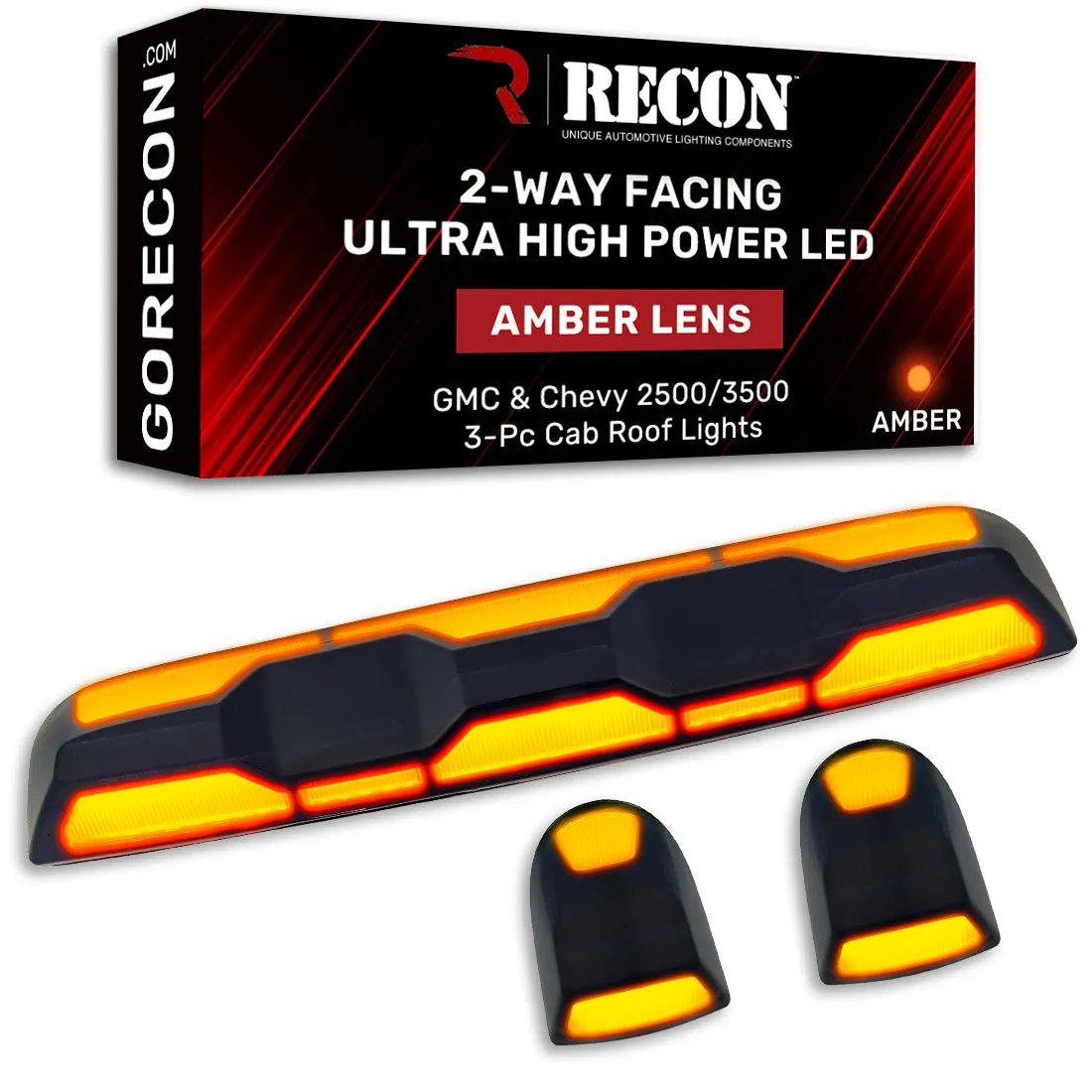Gmc Chevy 20-23 4th Gen Body Style Heavy-Duty 3-Piece Set Amber Cab Roof Light Lens With 2-Way Forward Rear Facing Amber Ultra High-Power Leds - Includes Complete Wiring Kit For Installation on Truck That Did Not Come With OEM Installed Cab Roof product image