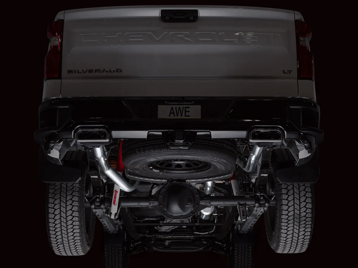 AWE 0FG Catback Split Rear Exit Exhaust for 4th Gen Silverado/Sierra 1500 6.2L (with bumper cutouts) - Quad Chrome Silver Tips product image