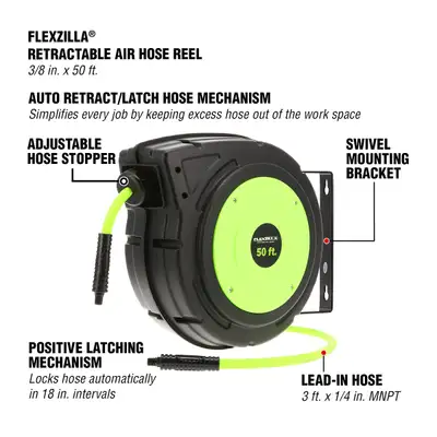 Flexzilla fz Enclosed Plastic Retractable Air Hose Reel 3/8in 50ft