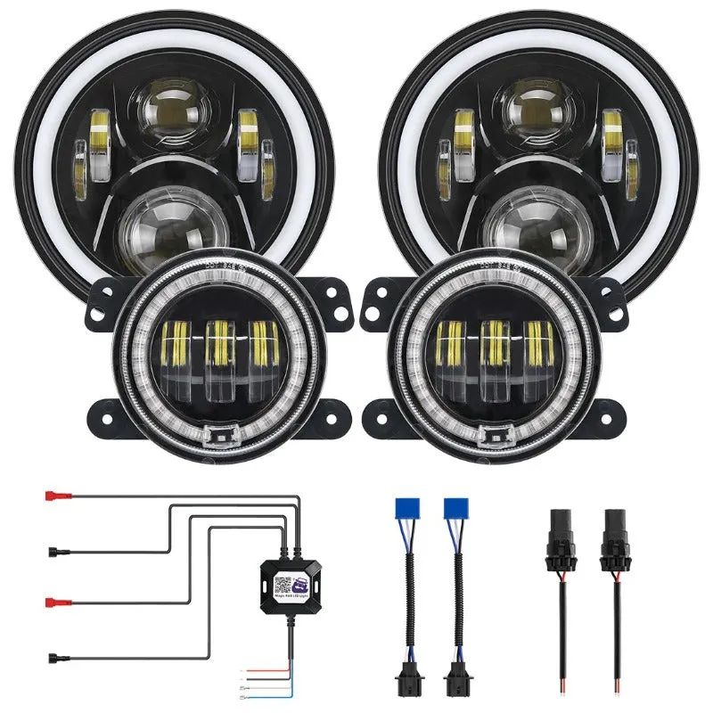 LED RGB Color Changing Halo Headlights with Amber Turn Signal + Fog Light Kit Combo For 2007-2018 Jeep Wrangler JK product image