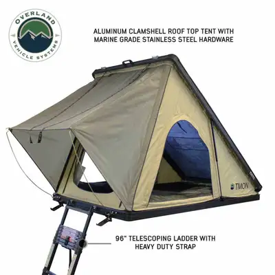 Overland Vehicle Systems LD TMON - Clamshell Aluminum Roof Top Tent, 2 Person, Tan Body & Green Rainfly
