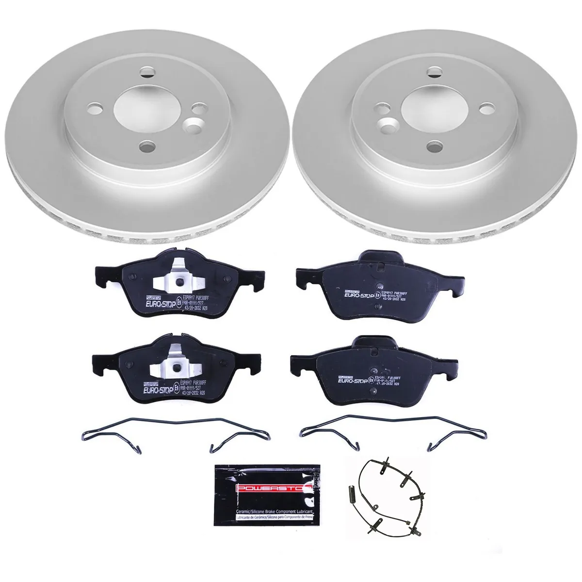 Euro-Stop Kit: Genuine Geomet Fully Coated Rotors; Ece-R90 Certified Pads W/Hardware; Pad Sensors product image