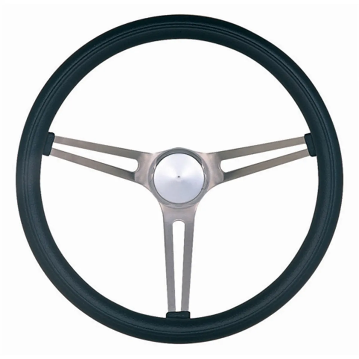 Classic Series Nostalgia Steering Wheel; 15 in. Diameter; 4 1/8 in. Dish; Black Foam Grip; Brushed Stainless Steel 3-Spoke Design; product image