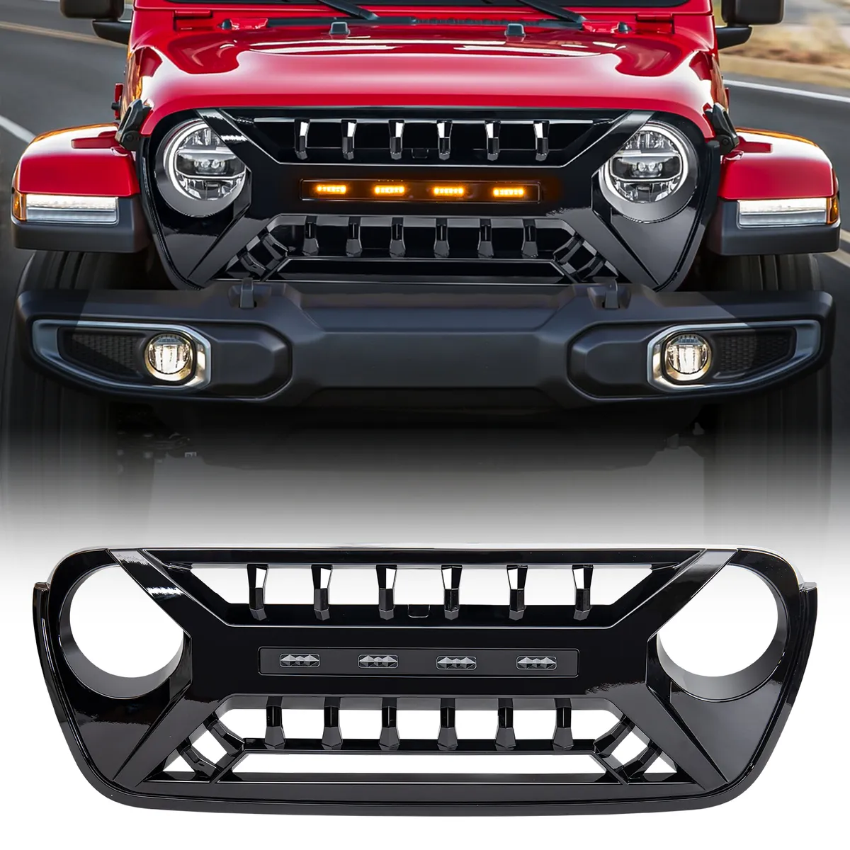 Armor Grille W/ Amber Lights - Glossy Black For 18+ Jeep Wrangler JL & Gladiator JT product image