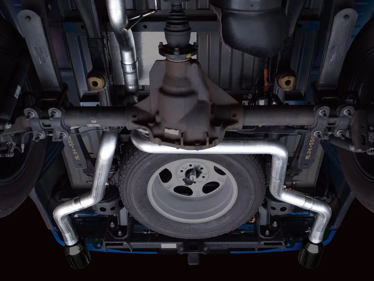 AWE 0FG Dual Split Rear Exhaust for '21+ Ford F-150 - 5" Diamond Black Tips product image