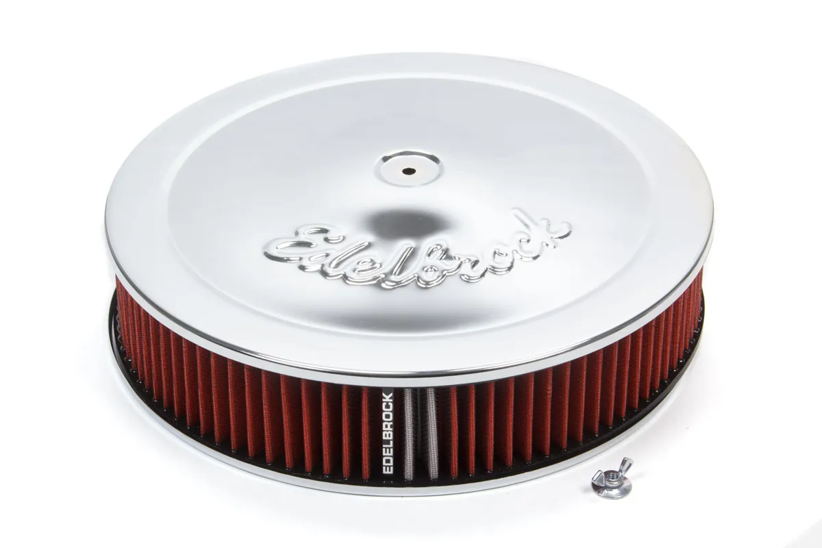 Edelbrock Air Cleaner, Pro-Flo Series, Round, 14 In. Diameter, Cloth Element, 3/8" Dropped Base, Chrome