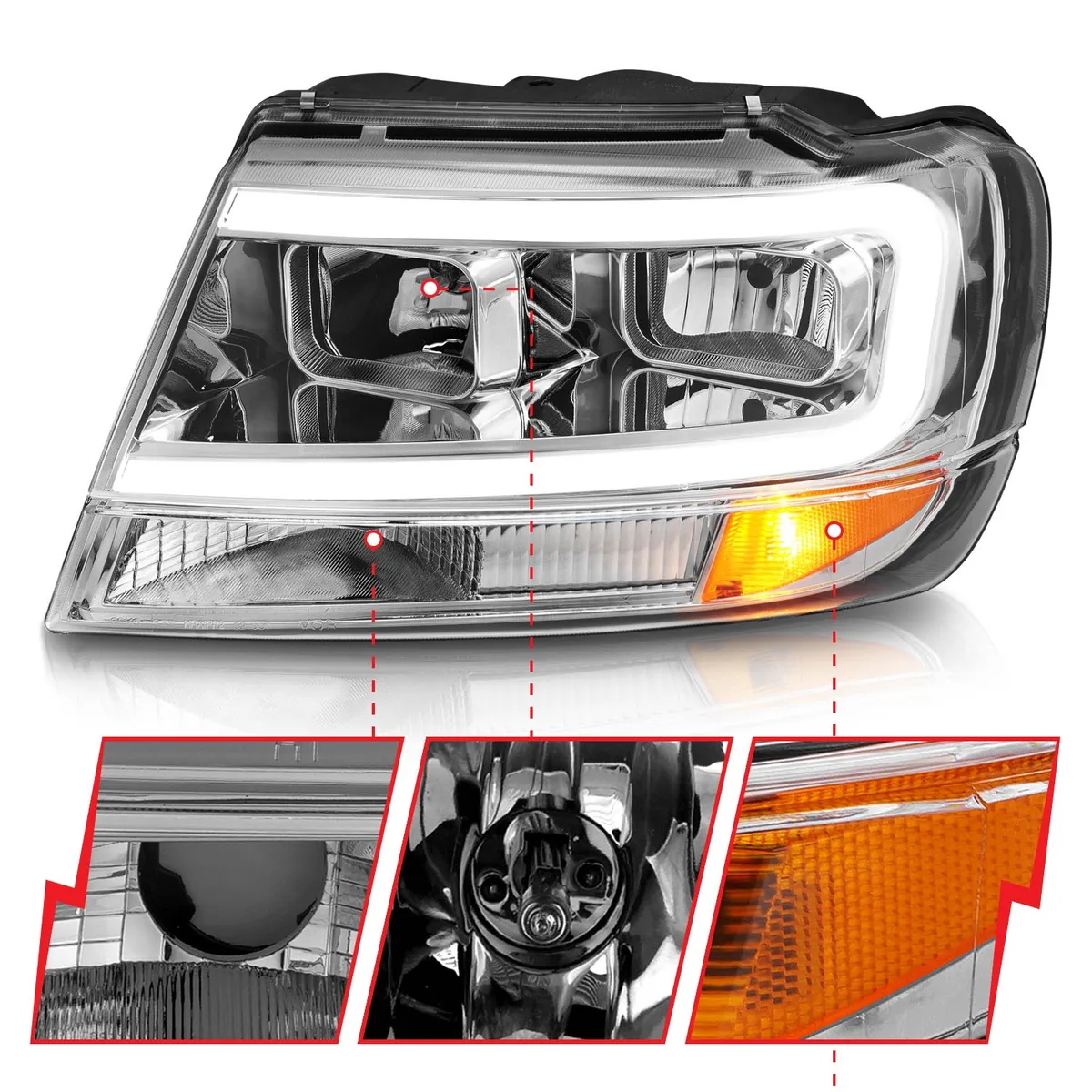 Crystal Headlights w Light Bar Chrome Housing Jeep Grand Cherokee 1999-2004 product image
