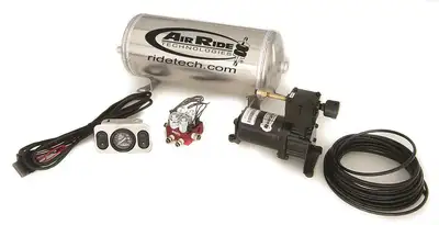 Ridetech Ridepro Analog 2 Way Air Suspension Control System W/ 3 Gallon Tank Air Compressor 3 Gallon Tank Ridepro Electric Valve 1/4 Inch Airline Fittings And A Control Panel W/ 2 Electric Switches And A Dual Needle Gauge Ridetech