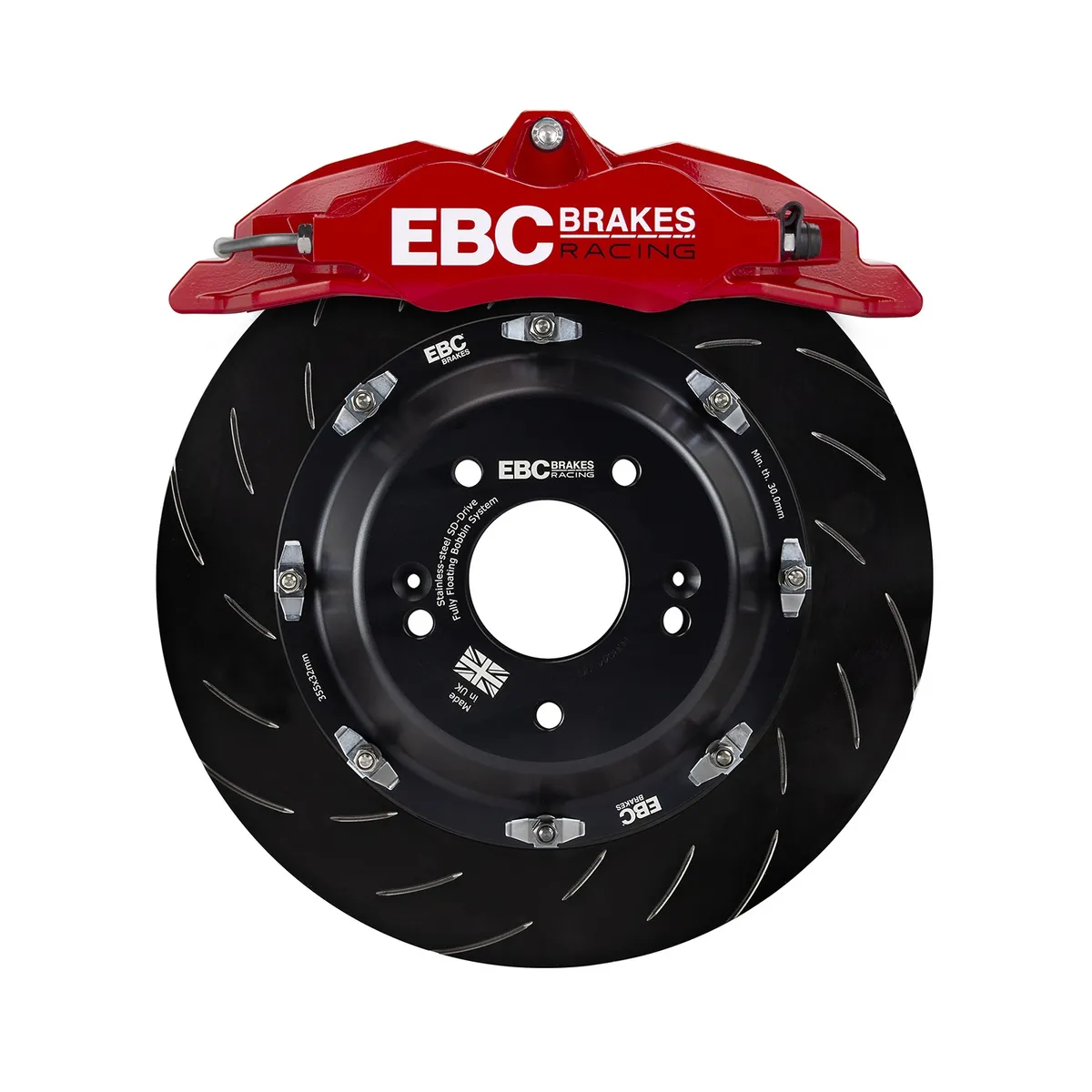 Apollo-6 Brake Caliper; Red Caliper; Front Left Leading Axle Position; Aluminum 2-pc. Bolted Body; 140 Bar Max Working Pressure; DP002 EBC Pad Shape; product image