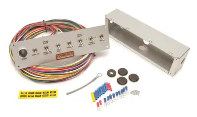 Painless Wiring 8-Switch Pro Street Panel; Incl. Push Button Start/Toggles For [Ignition/Fuel Pump/Fan/Park/Headlights/Turn Signals/Horn]/Wiring/Connectors/Hardware;