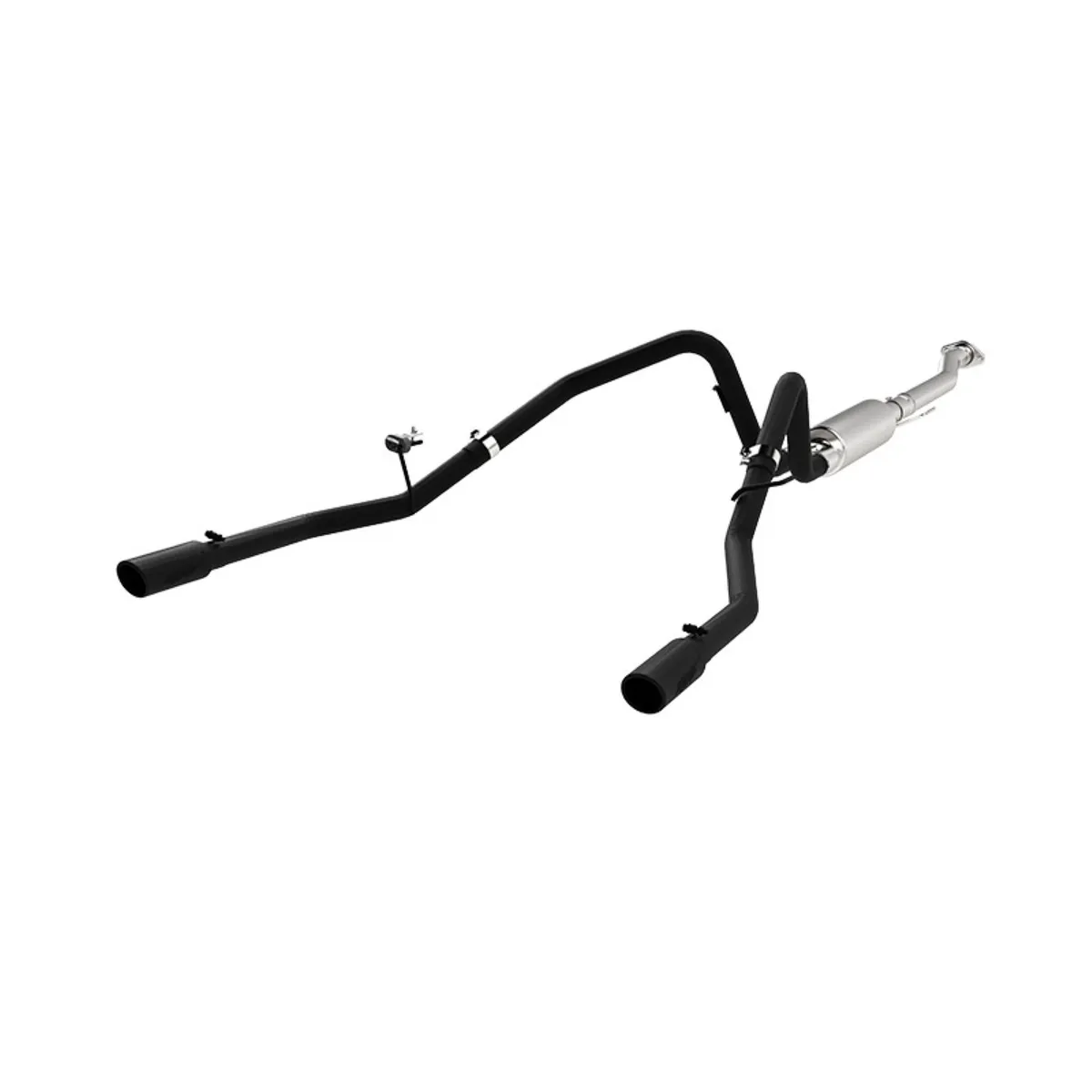 Armor BLK Cat Back Exhaust System; 2.5 in.; Incl. Front Pipe/Ext. Pipe/Muffler/Over Axle Pipes/Tailpipes/Hardware/3.5 in. OD Tips; Dual Split Rear Exit; Black Coated; product image