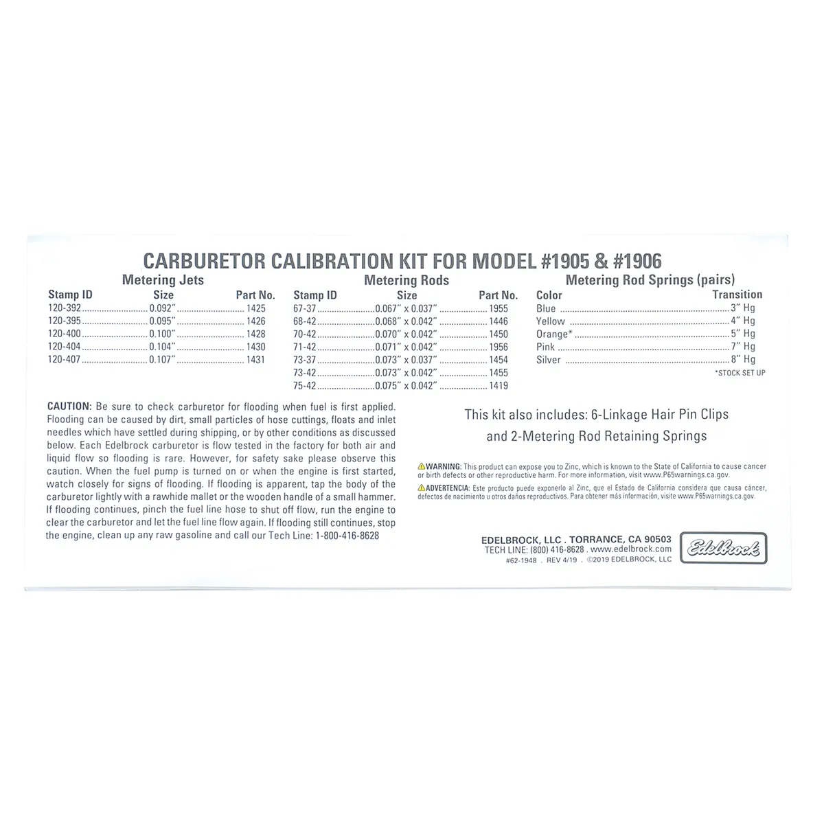 Edelbrock 1948 Edelbrock AVS2 Series Carburetor Calibration Kit #1948 product image