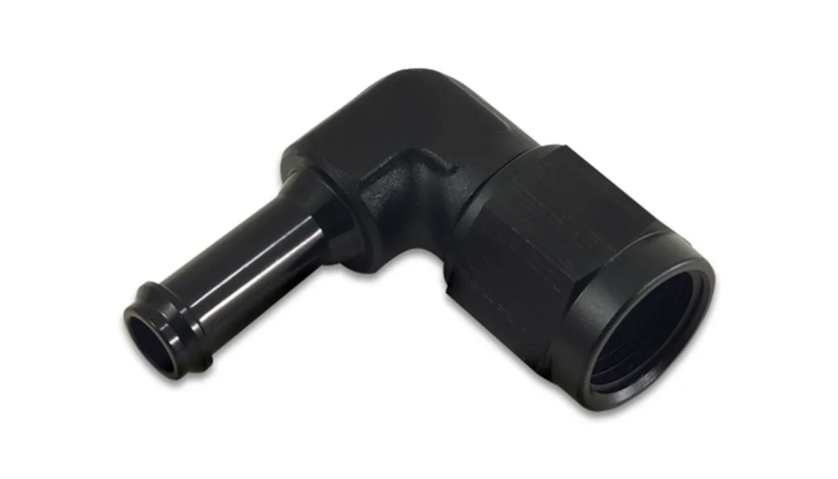 90 Degree AN to Hose Barb Adapter Fitting; -8AN; 0.5 in. Barb Size; 6061 Aluminum; Black Anodized; Female; product image