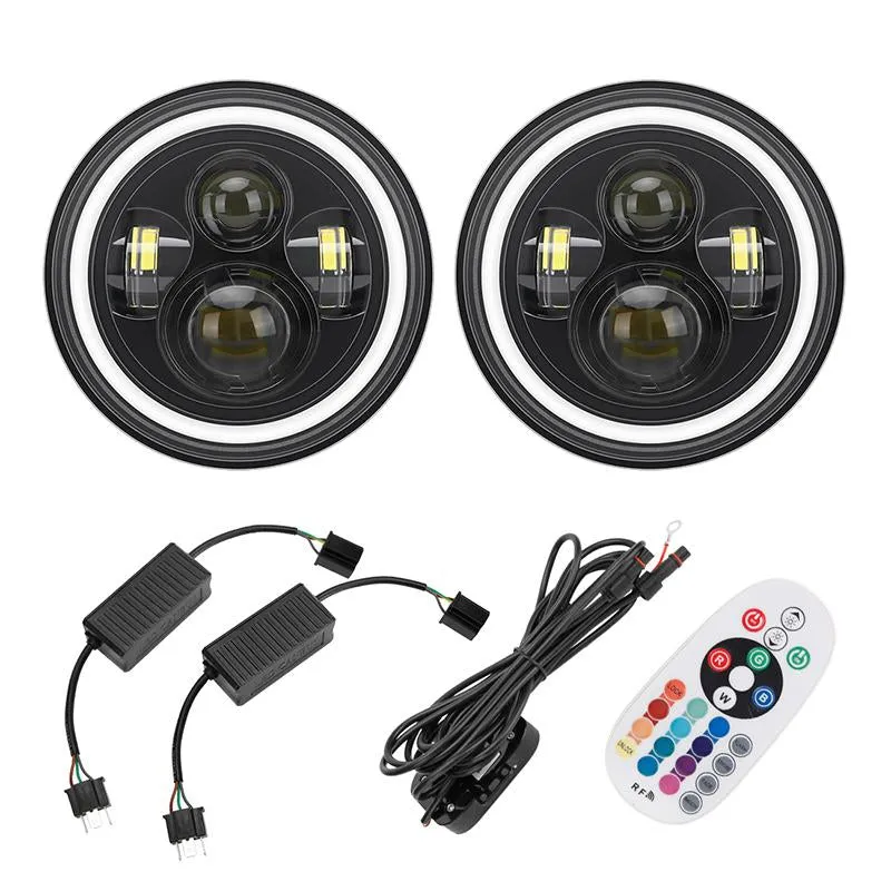 "7"" Jeep Wrangler LED Headlights with RGB Halo App Or Remote Control for 1997-2018" product image