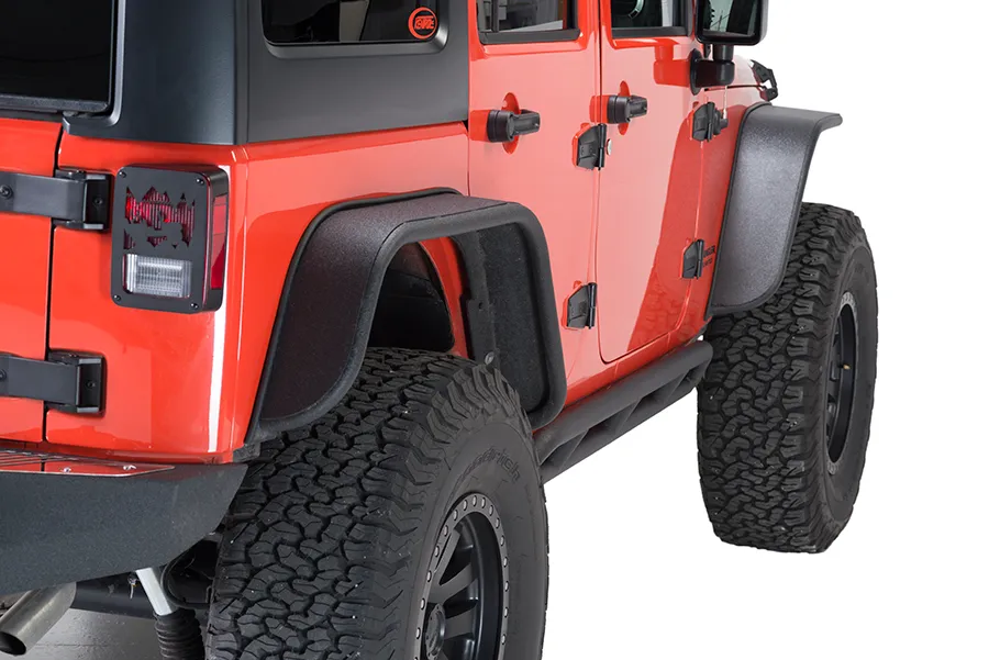 Black textured powder coat, Aluminum, Set of 4, 8-inch wide tube style front fender flares, 5-inch wide tube style rear fender flares, hardware included product image