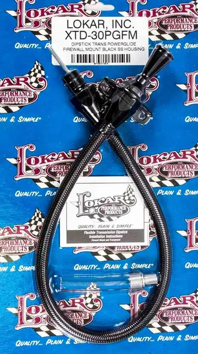 Lokar Hi-Tech Flexible Braided Transmission Dipstick; 24 in.; Firewall Mount; Incl. Flexible Inner Dipstick/Funnel Adapter/Braided Black Stainless Outer Housing; Black Finish;