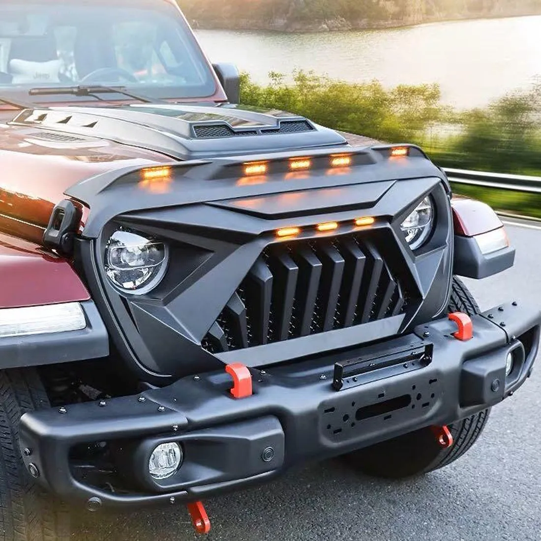 Front Hood Protector Stone Guard W/ Amber LED Lights For 18+ Jeep Wrangler JL & Gladiator JT product image