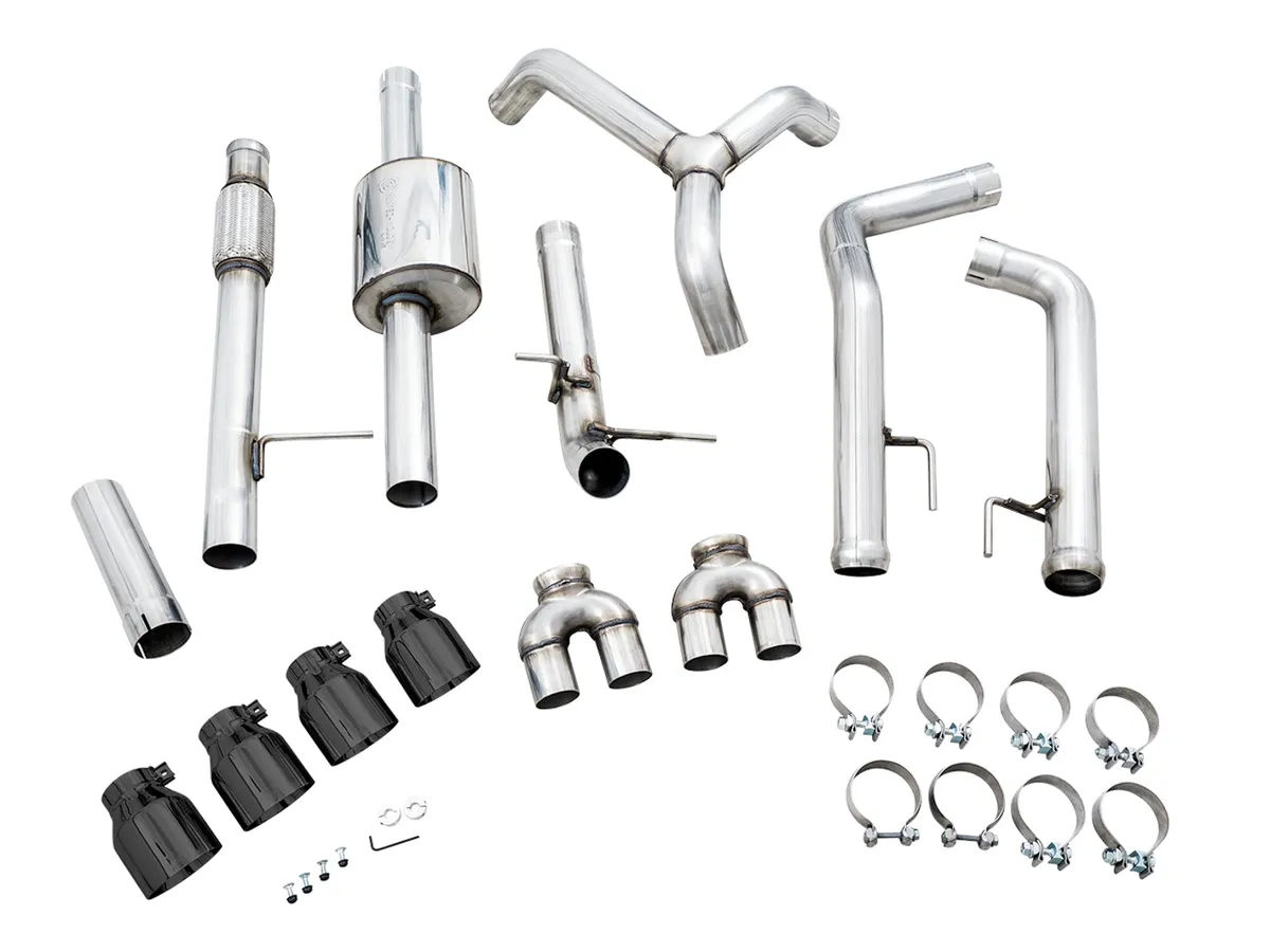 AWE 0FG Catback Split Rear Exit Exhaust for 4th Gen Silverado/Sierra 1500 5.3L (With Bumper Cutouts) - Quad Chrome Silver Tips product image