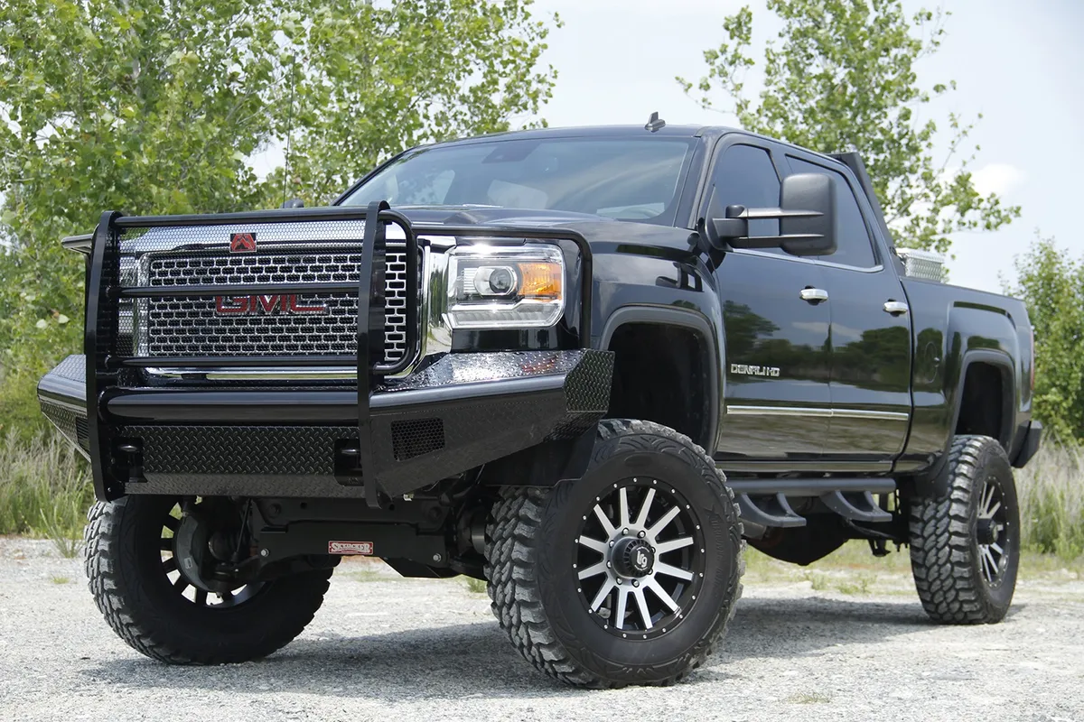 Black Steel Front Ranch Bumper; 2 Stage Black Powder Coated; w/Full Grill Guard; Incl. Light Cut-Outs; product image
