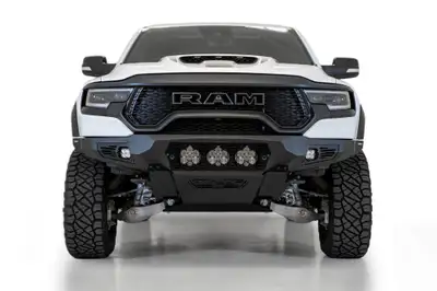 Addictive Desert Designs 2021 - Up Ram TRX Bomber Front Bumper 3 Baja Designs LP6 Mounts and Cube Light Mounts in Side Panels with Parking Sensor Cutouts