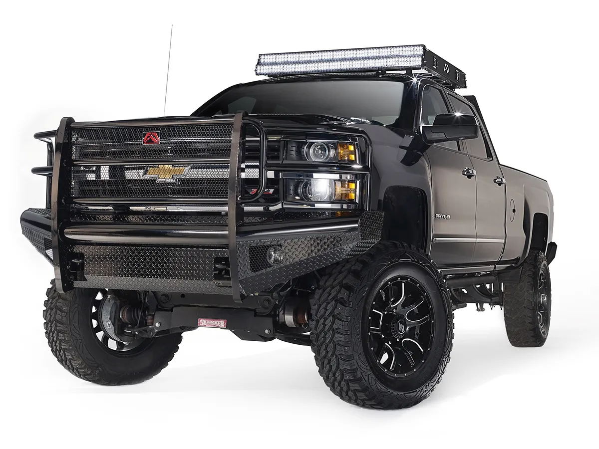 Fab Fours Black Steel Front Ranch Bumper; 2 Stage Black Powder Coated; w/Full Grill Guard And Tow Hooks;