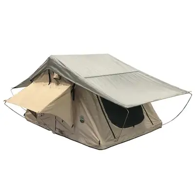 Overland Vehicle Systems LD TMBK 3 Roof Top Tent With Annex - Tan Base With Green Rain Fly, Black Aluminum Base, Black Ladder Overland Vehicle Systems