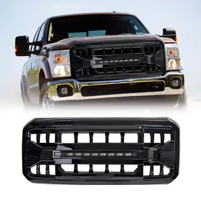 AMERICAN MODIFIED Armor Grille W/ Off-Road Lights - Glossy Black For 2011-2016 Ford F250/ 350/ 450/ 550 Super Duty