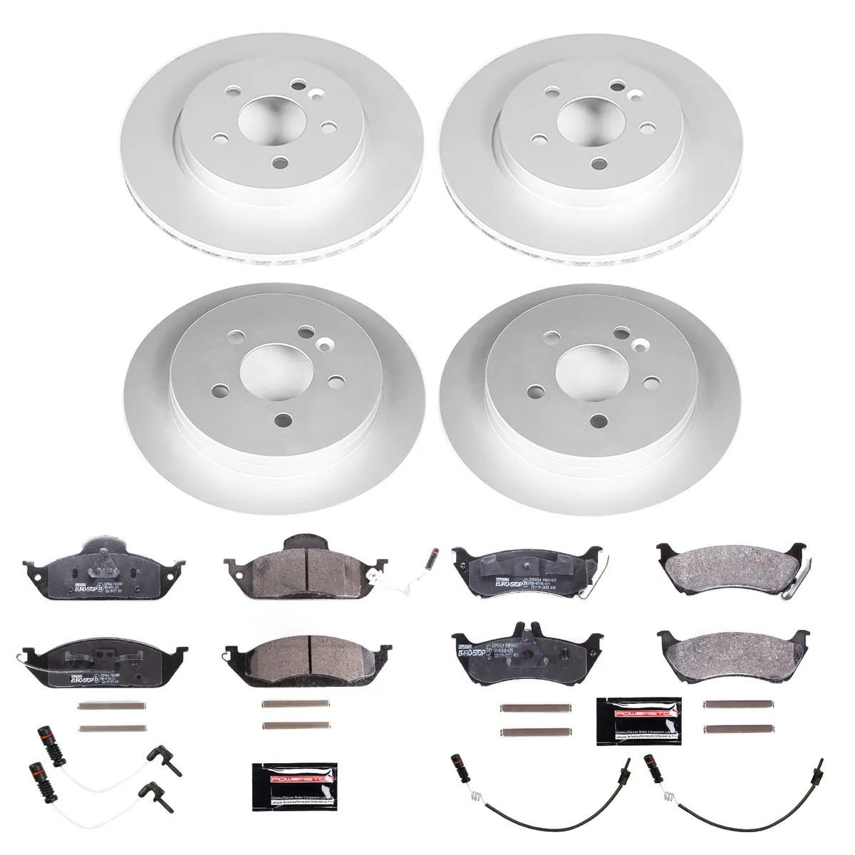 Euro-Stop Kit: Genuine Geomet Fully Coated Rotors; Ece-R90 Certified Pads W/Hardware; Pad Sensors product image