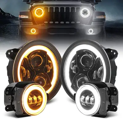 LED Factory Mart Upgrade 9'' Jeep Halo Headlights & Fog Lights with DRL for 2018-Later Jeep Wrangler JL & Gladiator JT