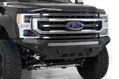 Addictive Desert Designs Ford Super Duty 2020 - up Stealth Fighter Front Bumper with 10 duallyuniversal 40 Mounts with D-ring Clevis Mounts and Dually Mounts on Sides in Hammer Black with Satin Black panels