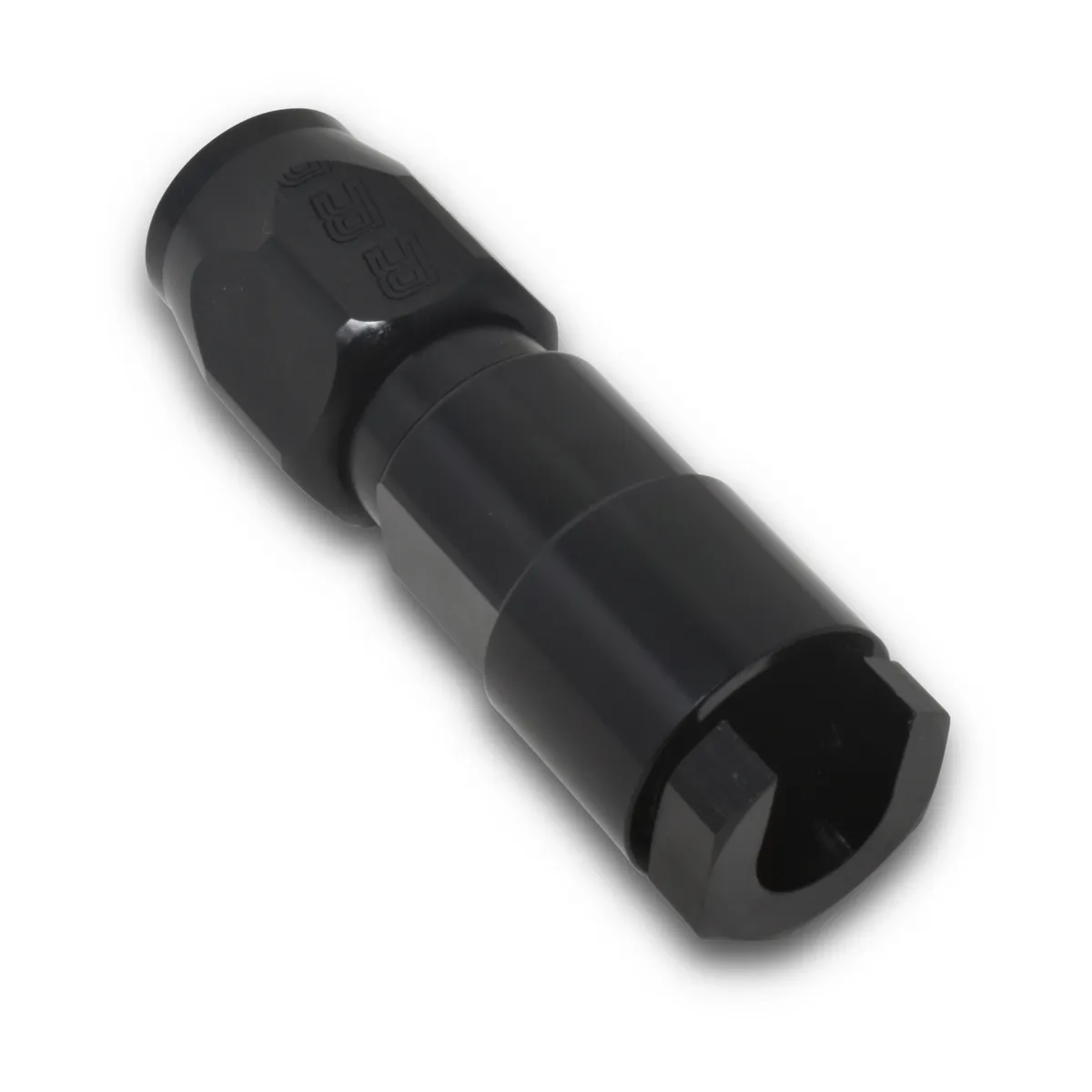 Hose End. 3/8 SAE Quick Disconnect Female to #6 Hose. Straight. Black Anodized product image