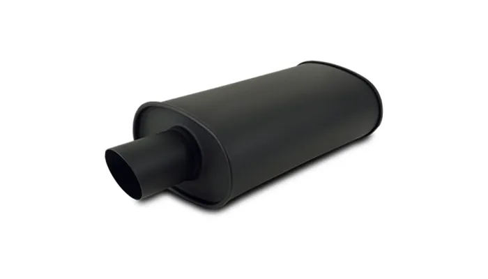 STREETPOWER Flat Black Oval Muffler; Single Angle Tip; 2.5 in. Inlet ID; 3 in. Tip OD; 5 in. H; 9 in. W; 4 in. Tip L; 15 in. Body L; 20 in. Overall L; Single Outlet; product image