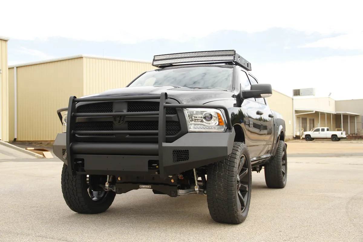 Elite Front Bumper; 2 Stage Black Powder Coated; w/Full Grill Guard And Tow Hooks; product image