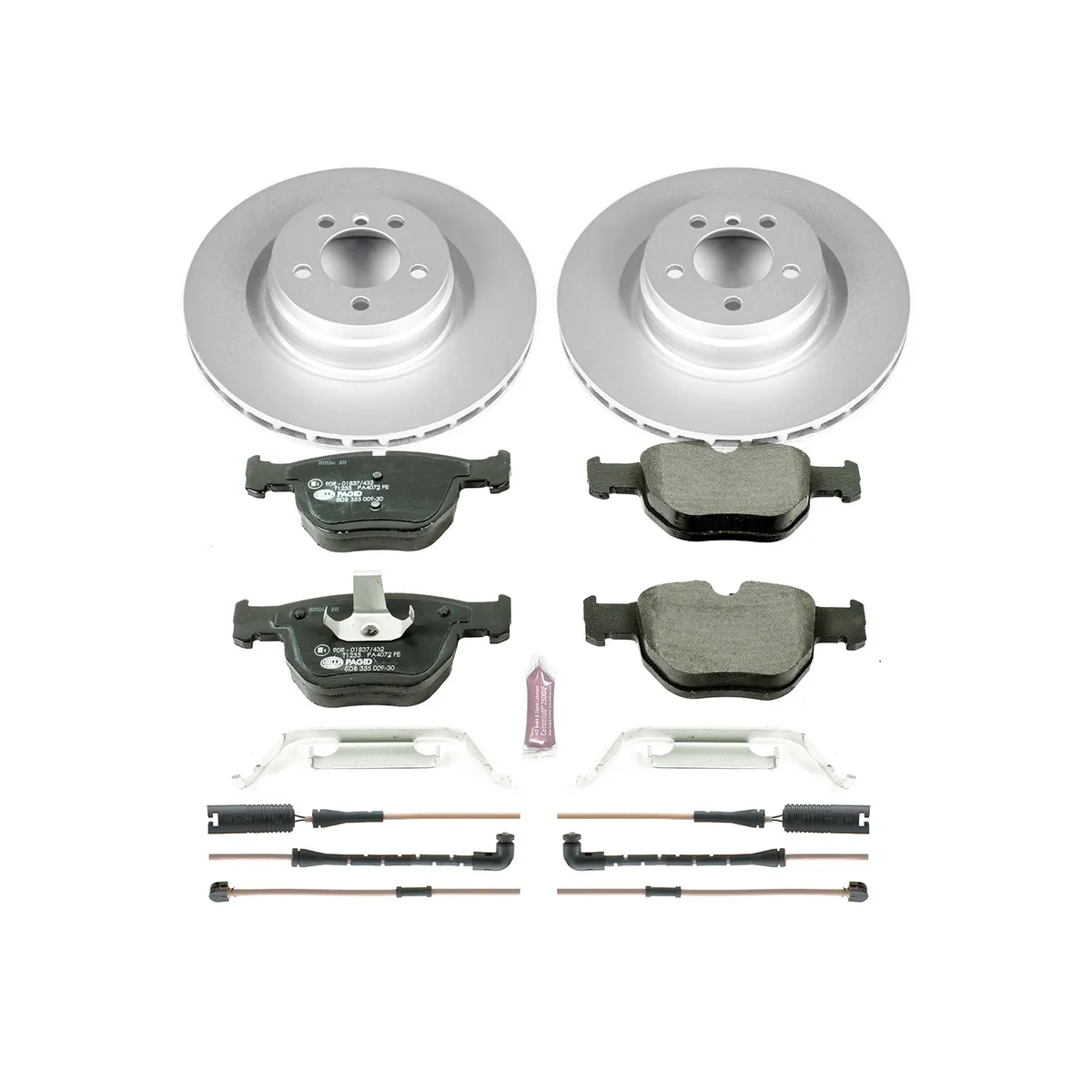 Euro-Stop Kit: Genuine Geomet Fully Coated Rotors; Ece-R90 Certified Pads W/Hardware; Pad Sensors product image
