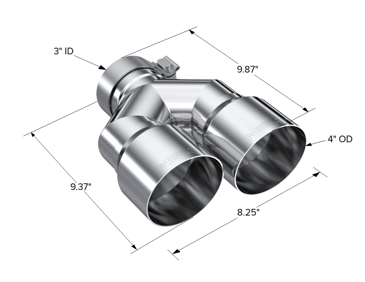 Armor Pro Exhaust Tip; 3 in. Inlet Diameter; 4 in. Outlet Diameter; Right Tip 9.87 in. Length; Left Tip 9.37 in. Length; T304 Stainless Steel; Dual Out; Mirror Polished; product image