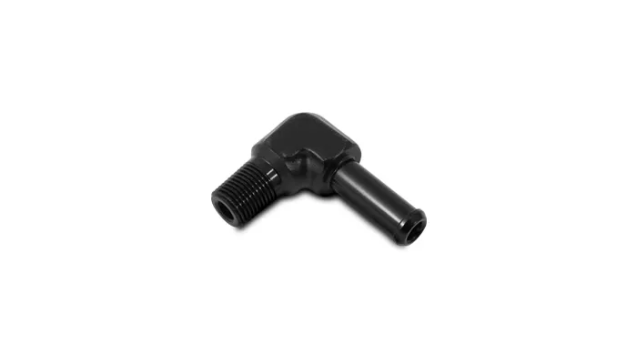 90 Degree NPT To Hose Barb Adapter Fitting; 0.5 in. NPT; 0.625 in. Hose; 6061 Aluminum; Black Anodized; Male; product image