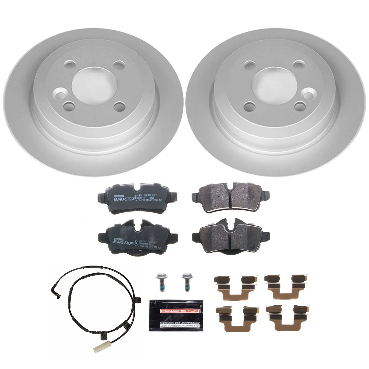 Euro-Stop Kit: Genuine Geomet Fully Coated Rotors; Ece-R90 Certified Pads W/Hardware; Pad Sensors product image