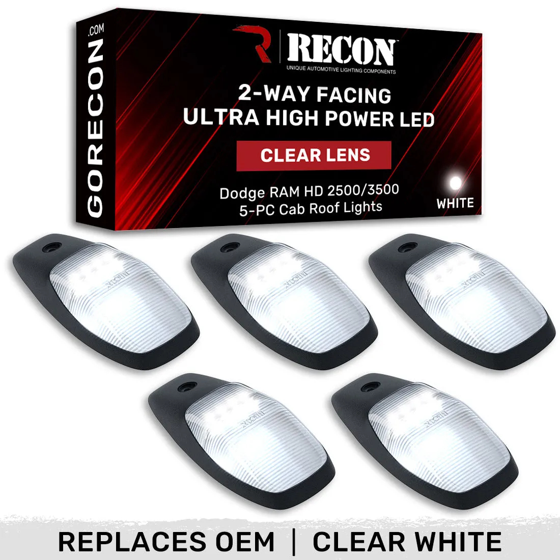 Dodge 19-23 RAM Heavy-Duty 2500 3500 5-Piece Set Smoked Cab Roof Light Lens With 2-Way Forward Rear Facing Amber Ultra High-Power Leds - Attn Plug-N-Play Replacement For OEM Factory Installed Cab Roof Lights product image