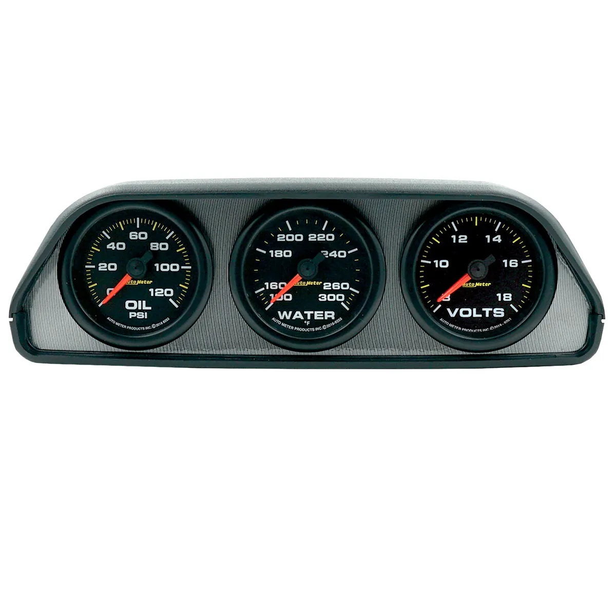 Gauge Kit, Dash Pod Mount, Oilp/Wtmp/Volt, 2-1/16 In., 100psi/300deg F/18v, Blk Dial, Blk Bzl, Eeg product image