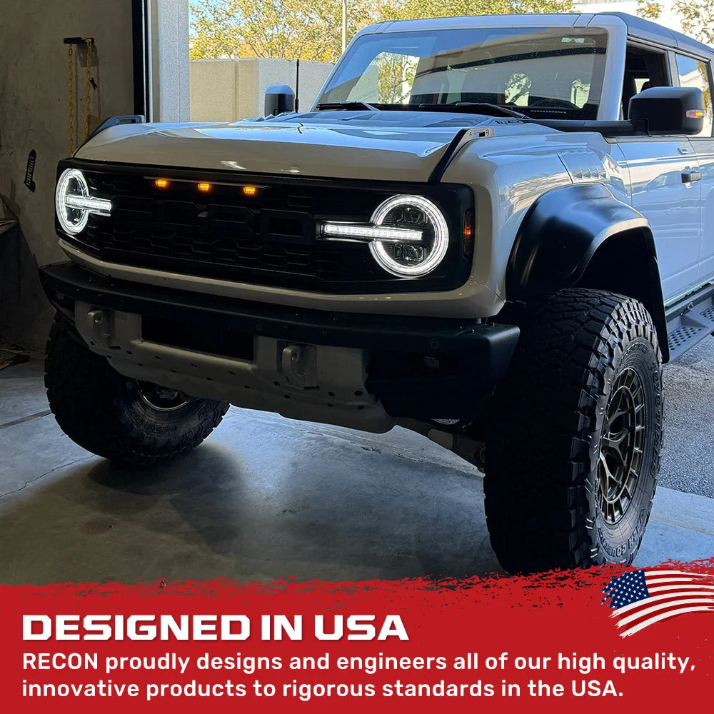 Recon Ford Bronco 21-24 LED Projector Headlights w Ultra High Power LED hi Low Beam White LED Scanning Turn Signals With Start-Up Lighting Sequence White LED Daytime Running Lights - Smoked / Black With White LED Turn Signals 264479bkwh product image