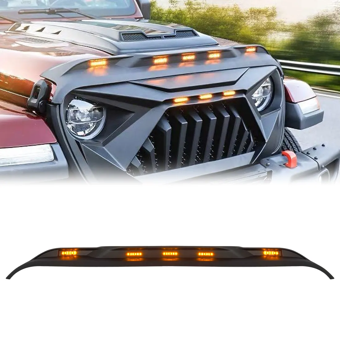 Front Hood Protector Stone Guard W/ Amber LED Lights For 18+ Jeep Wrangler JL & Gladiator JT product image