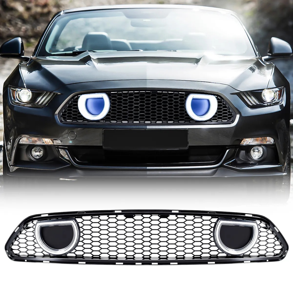 American Modified Amfmca00617 Mach 1 Style Upper Grille With LED DRL And Turn Signal - Glossy Black product image