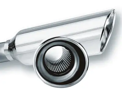 Borla Universal Exhaust Tip 2.25 in. Inlet 4 in. Round Outlet 13 in. Length Weld-On Single Round Rolled Angle Cut Resonated Embossed Polished Stainless Steel