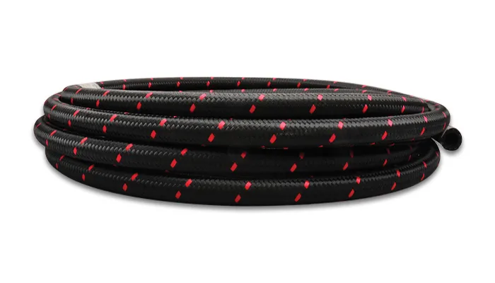 Vibrant Performance Nylon Braided Flex Hose; -8AN; 0.4375 in. Hose ID; 0.6875 in. Hose OD; 500 PSI Operating Pressure; 2000 PSI BP; 10ft. Roll; Black/Red;